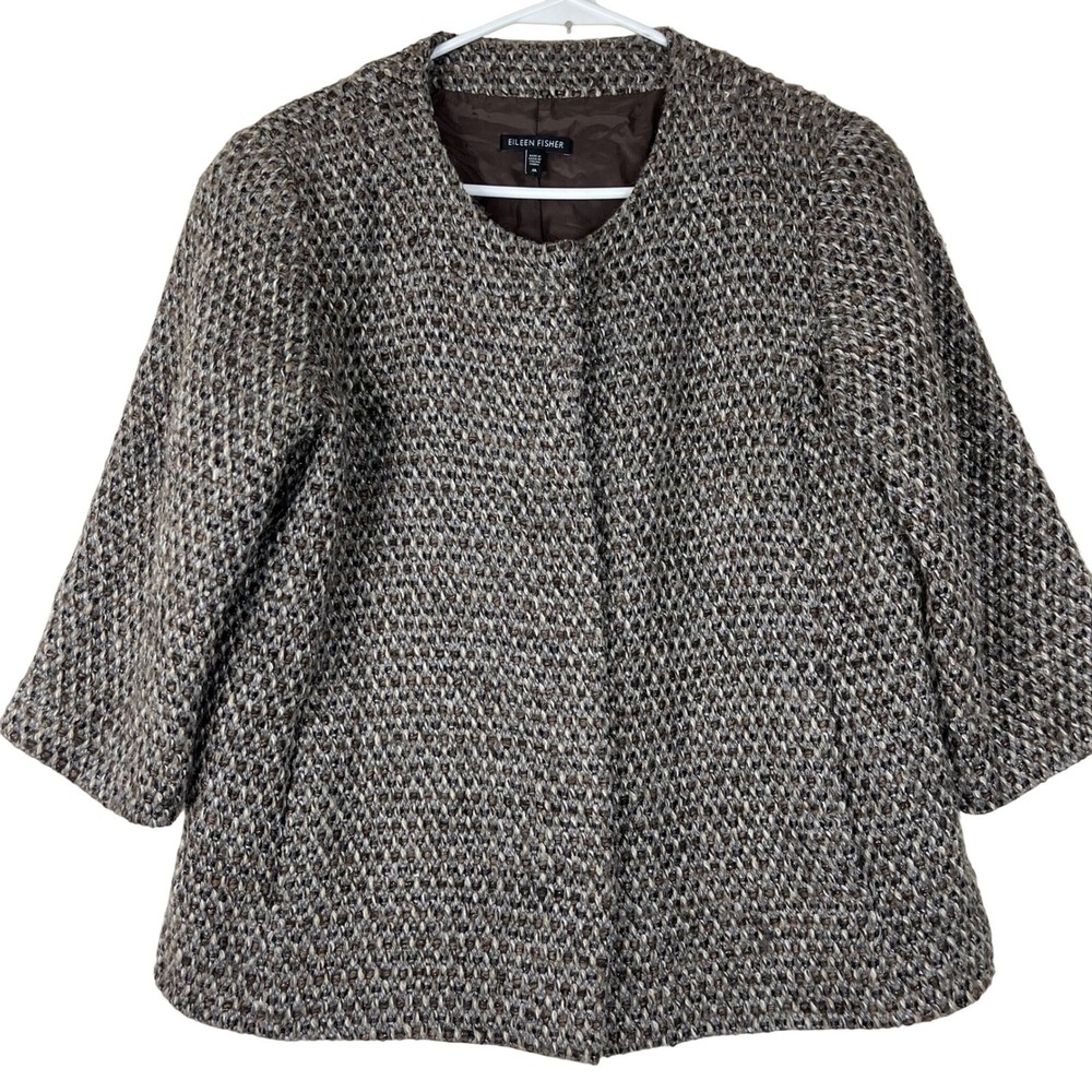 Eileen Fisher Jacket Womens M Brown Virgin Wool Alpaca Blend Open Front Textured